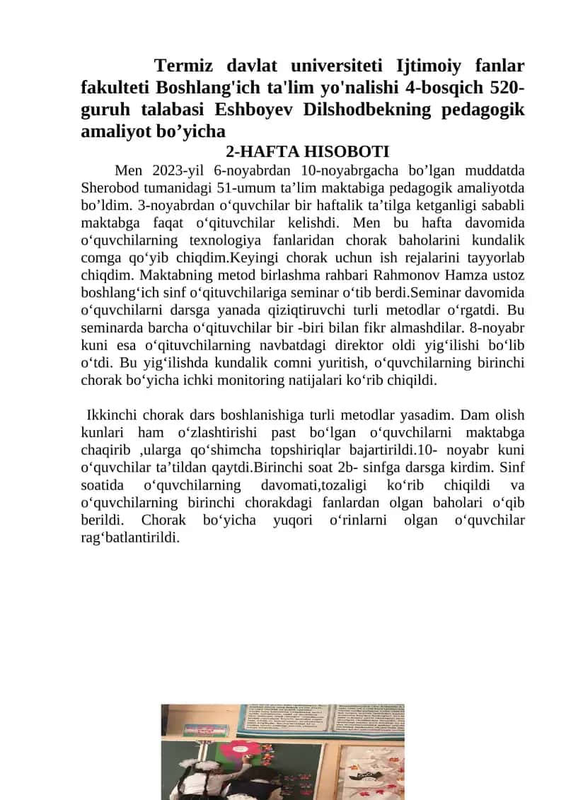 pedagogik amaliyot bo’yicha 2-HAFTA HISOBOTI 1