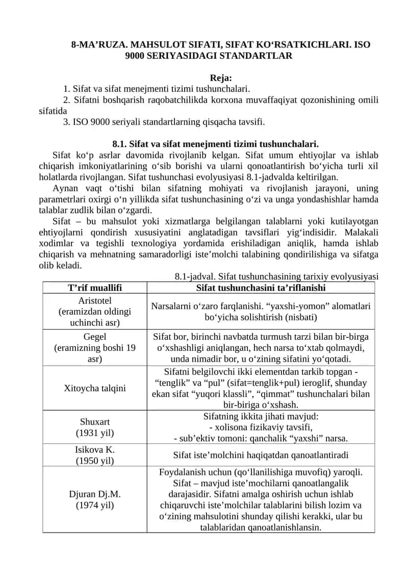 8-MA’RUZA. MAHSULOT SIFATI, SIFAT KO‘RSATKICHLARI. ISO 9000 SERIYASIDAGI STANDARTLAR 1