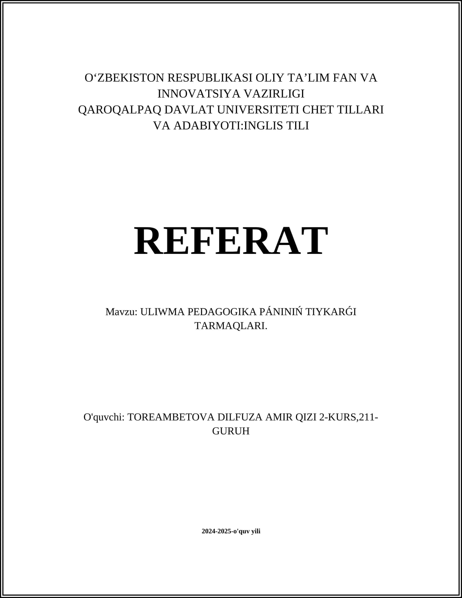 ULIWMA PEDAGOGIKA PÁNINIŃ TIYKARǴI TARMAQLARI 1