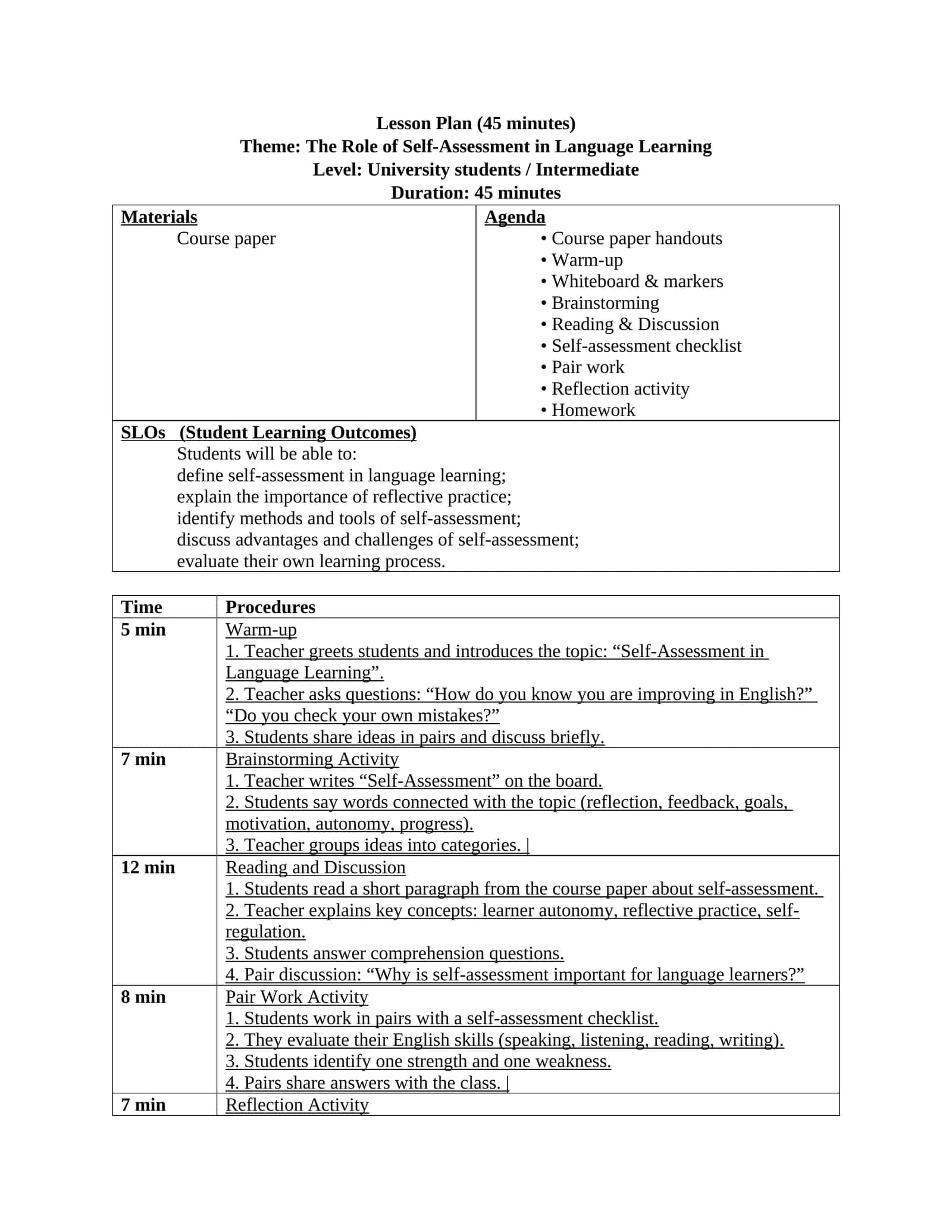 Lesson Plan: The Role of Self-Assessment in Language Learning 1