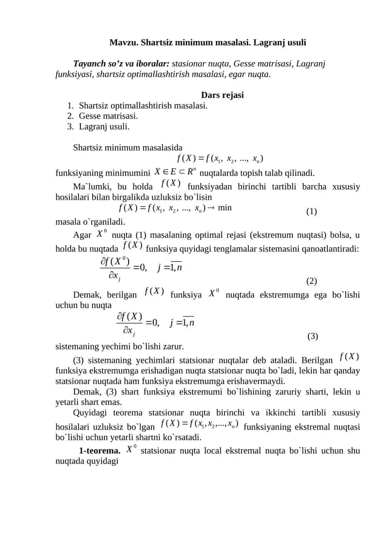 Shartsiz minimum masalasi. Lagranj usuli 1