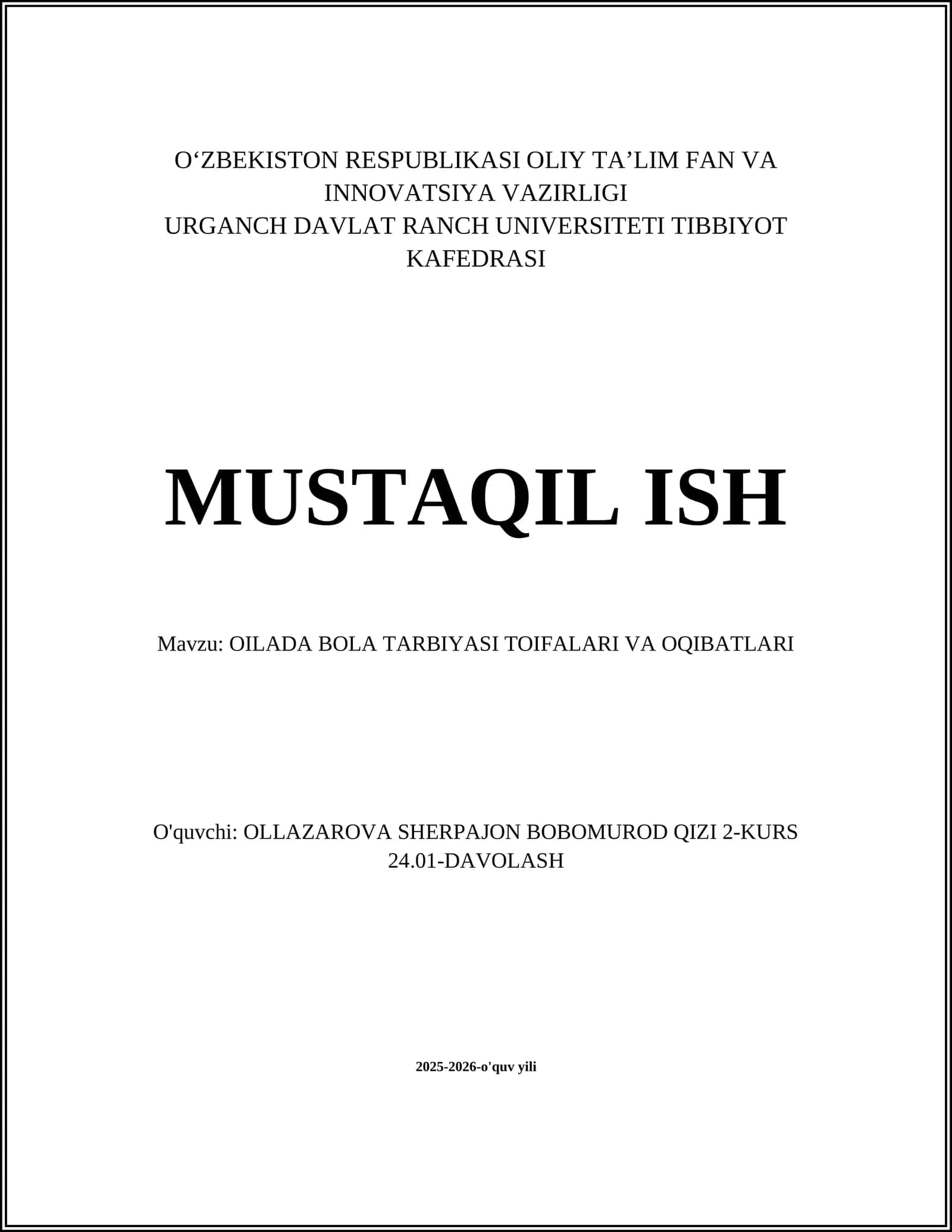 OILADA BOLA TARBIYASI TOIFALARI VA OQIBATLARI 1