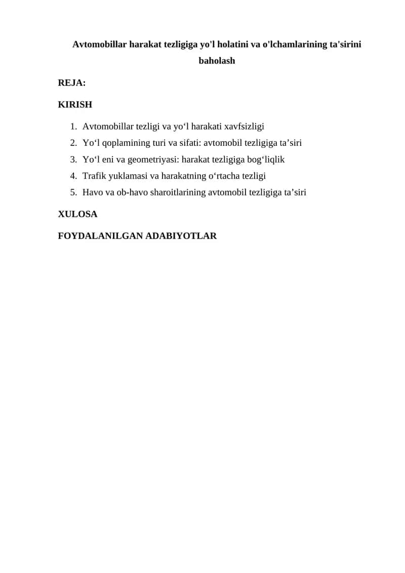 Avtomobil harakati xavfsizligi va o'lchamlarining baholash 1