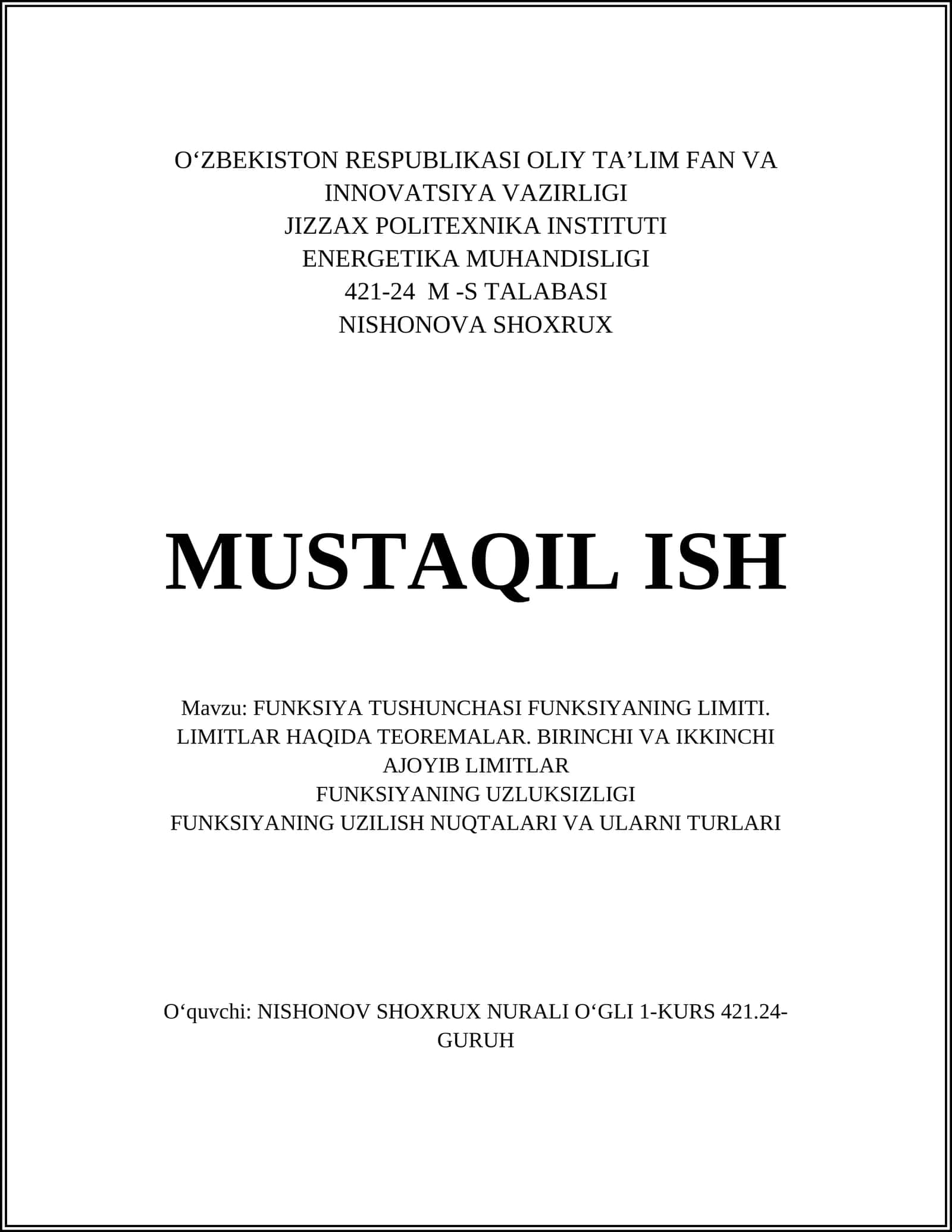 Funksiya Tushunchasi va Limitlari 1
