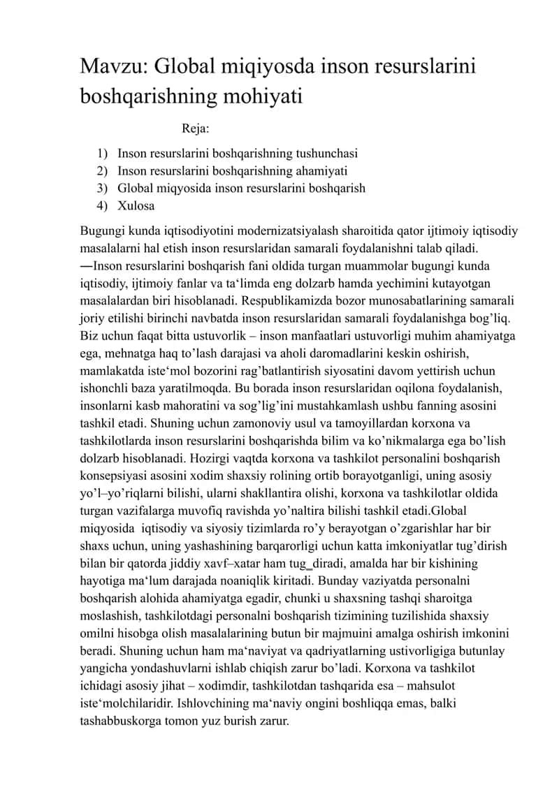 Global miqiyosda inson resurslarini boshqarishning mohiyati 1