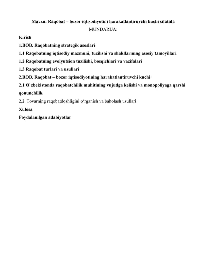Raqobat – bozor iqtisodiyotini harakatlantiruvchi kuchi sifatida 1