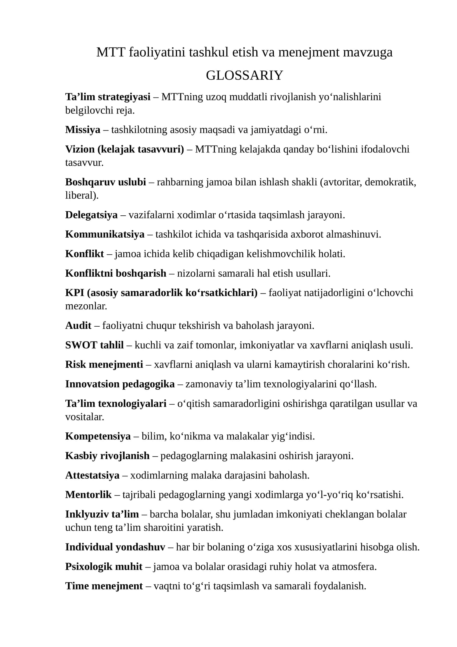 MTT faoliyatini tashkul etish va menejment 1