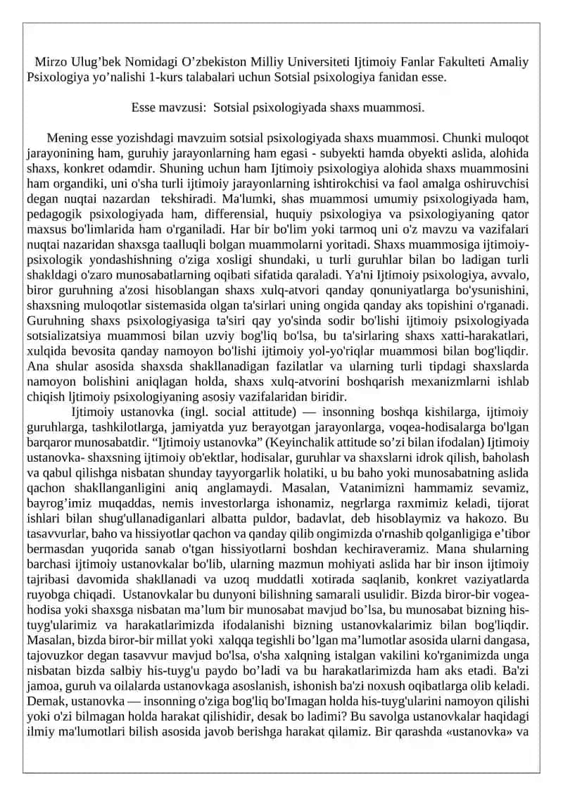 1-2-kurslar uchun sotsial psixologiya fanidan esse