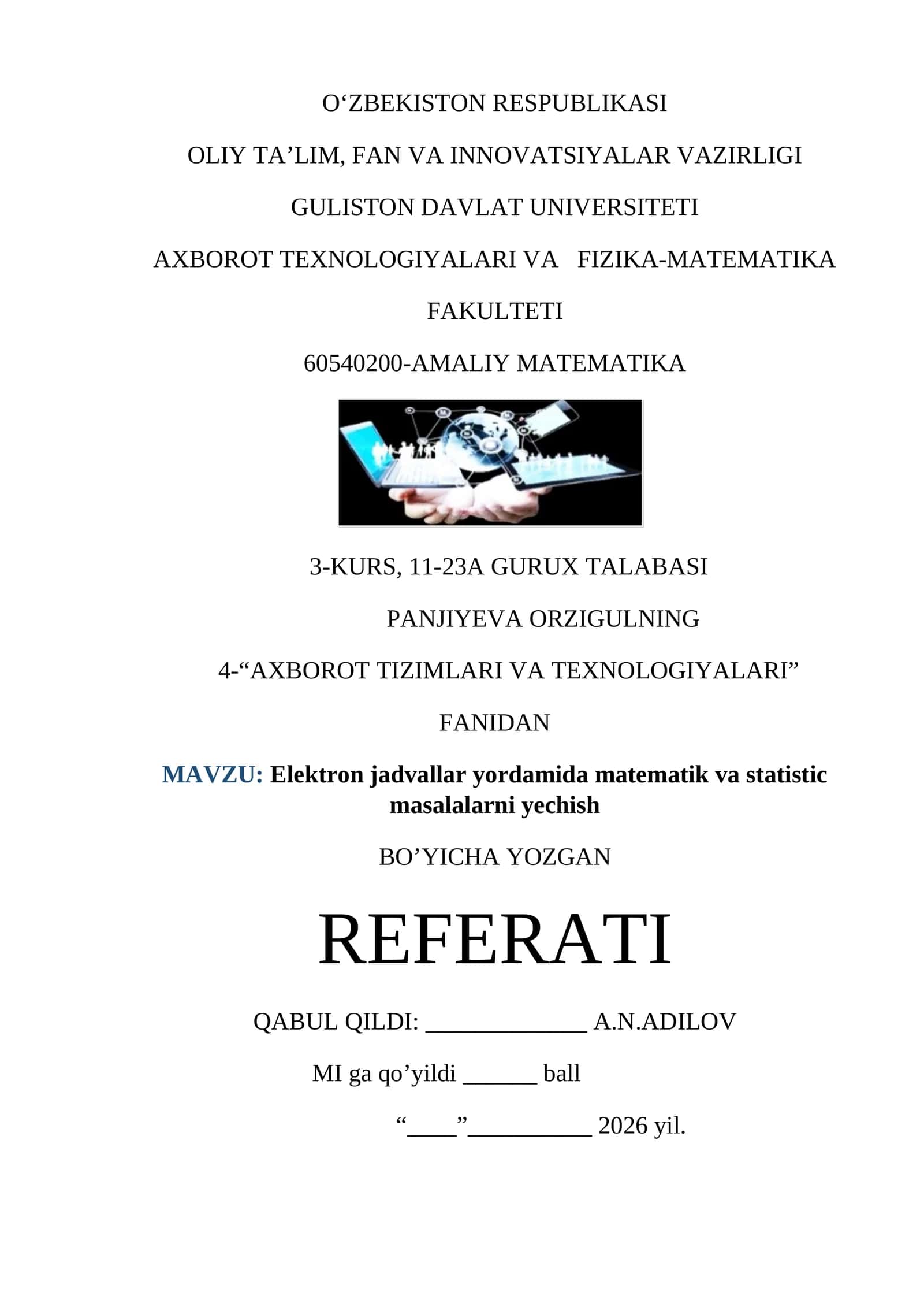 Elektron jadvallar yordamida matematik va statistic masalalarni yechish 1