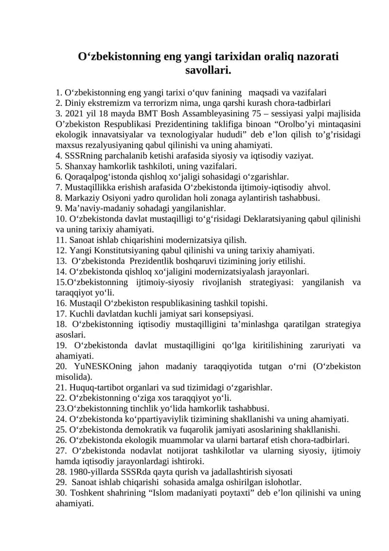 O‘zbekistonning eng yangi tarixidan oraliq nazorati savollari 1