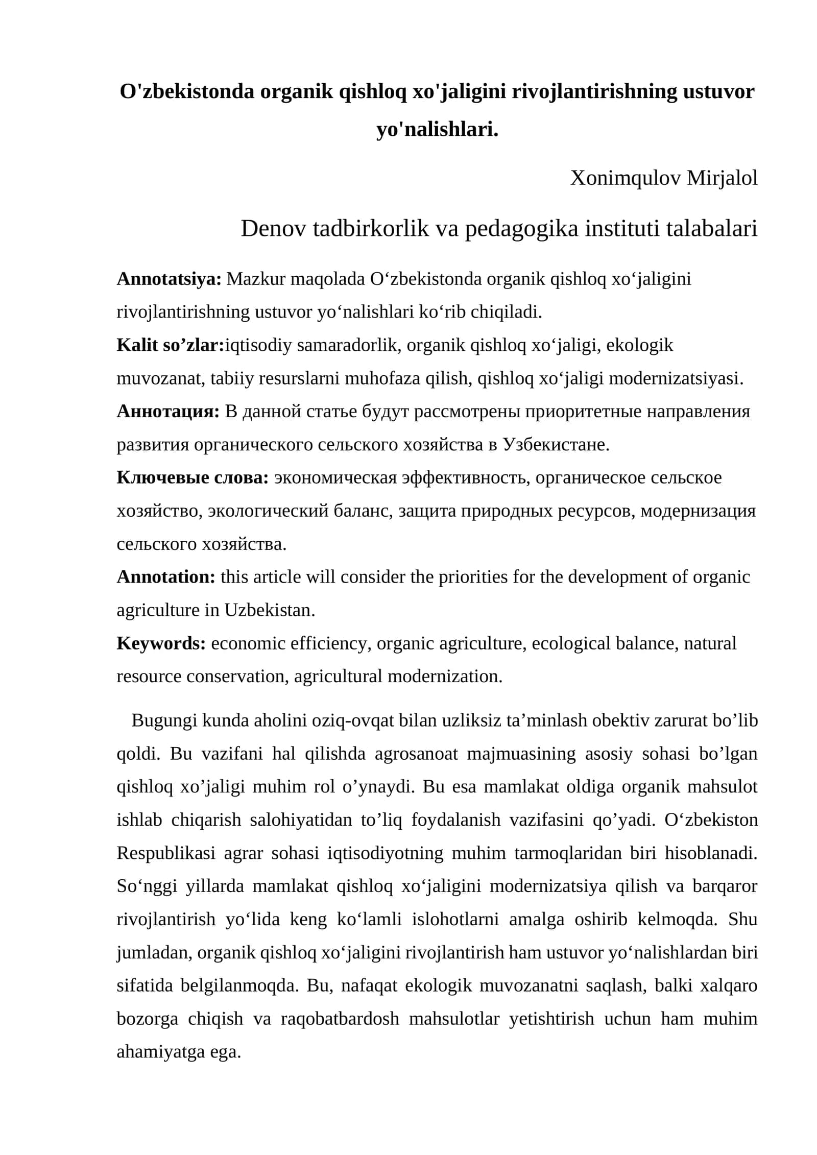 MAQOLA O'zbekistonda organik qishloq xo'jaligini rivojlantirishning ustuvor yo'nalishlari 1