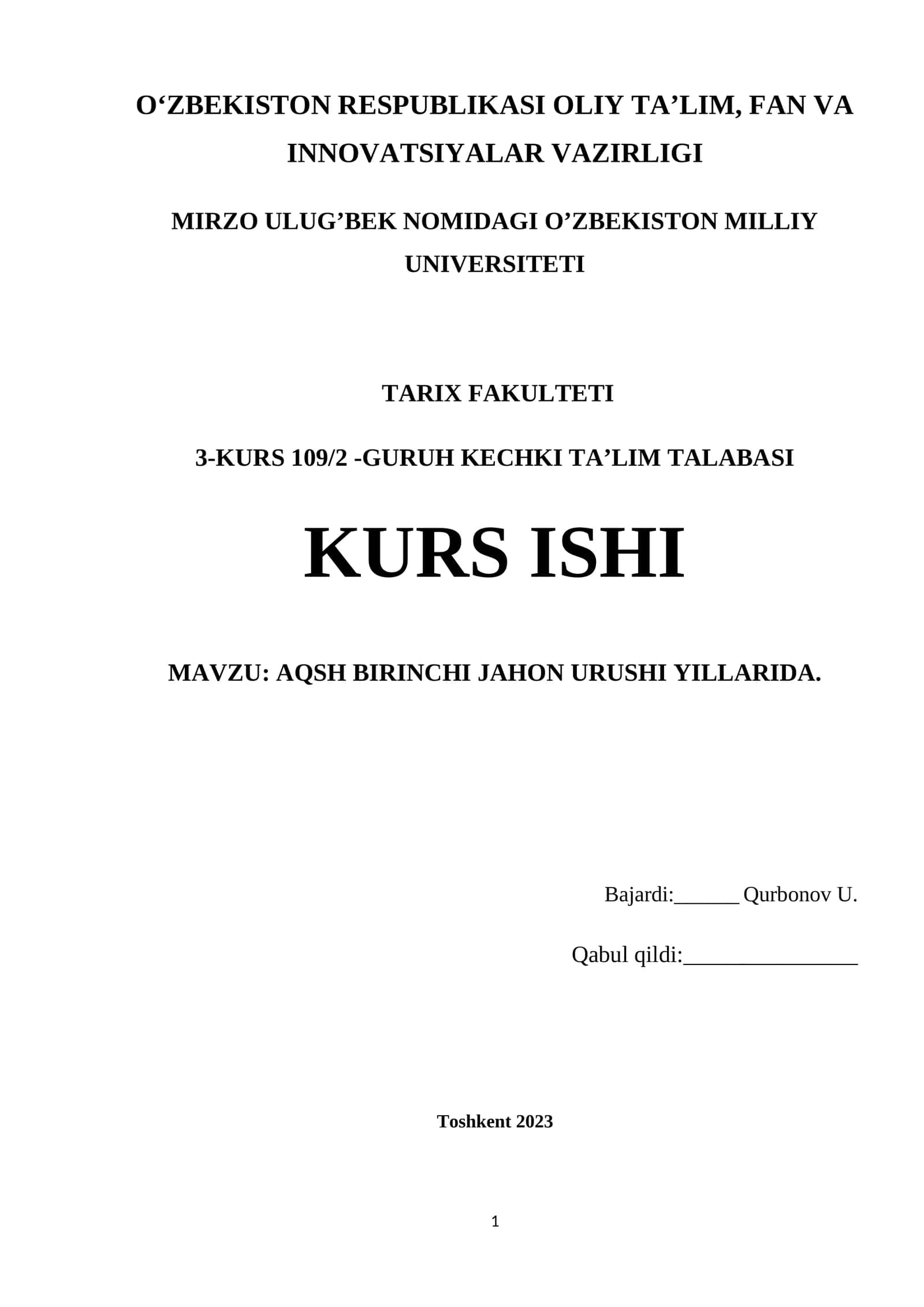 AQSH BIRINCHI JAHON URUSHI YILLARIDA 1