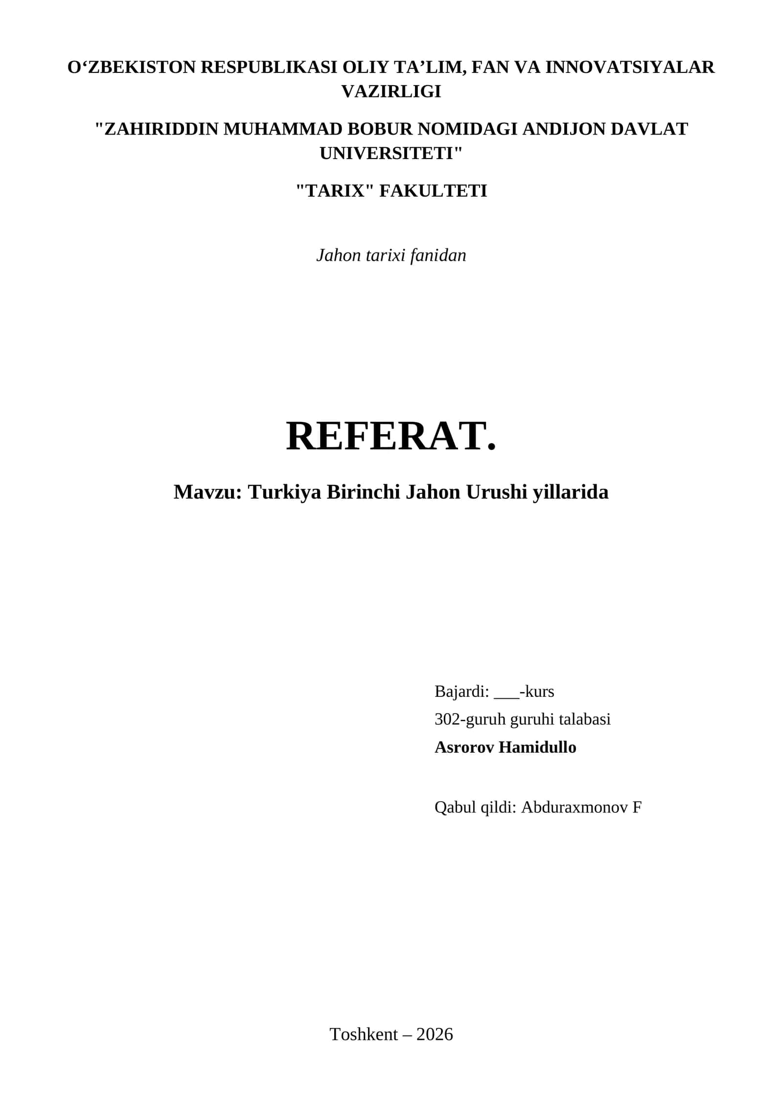 Turkiya Birinchi Jahon Urushi yillarida 1