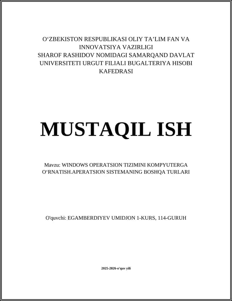 WINDOWS OPERATSION TIZIMINI KOMPYUTERGA OʻRNATISH 1