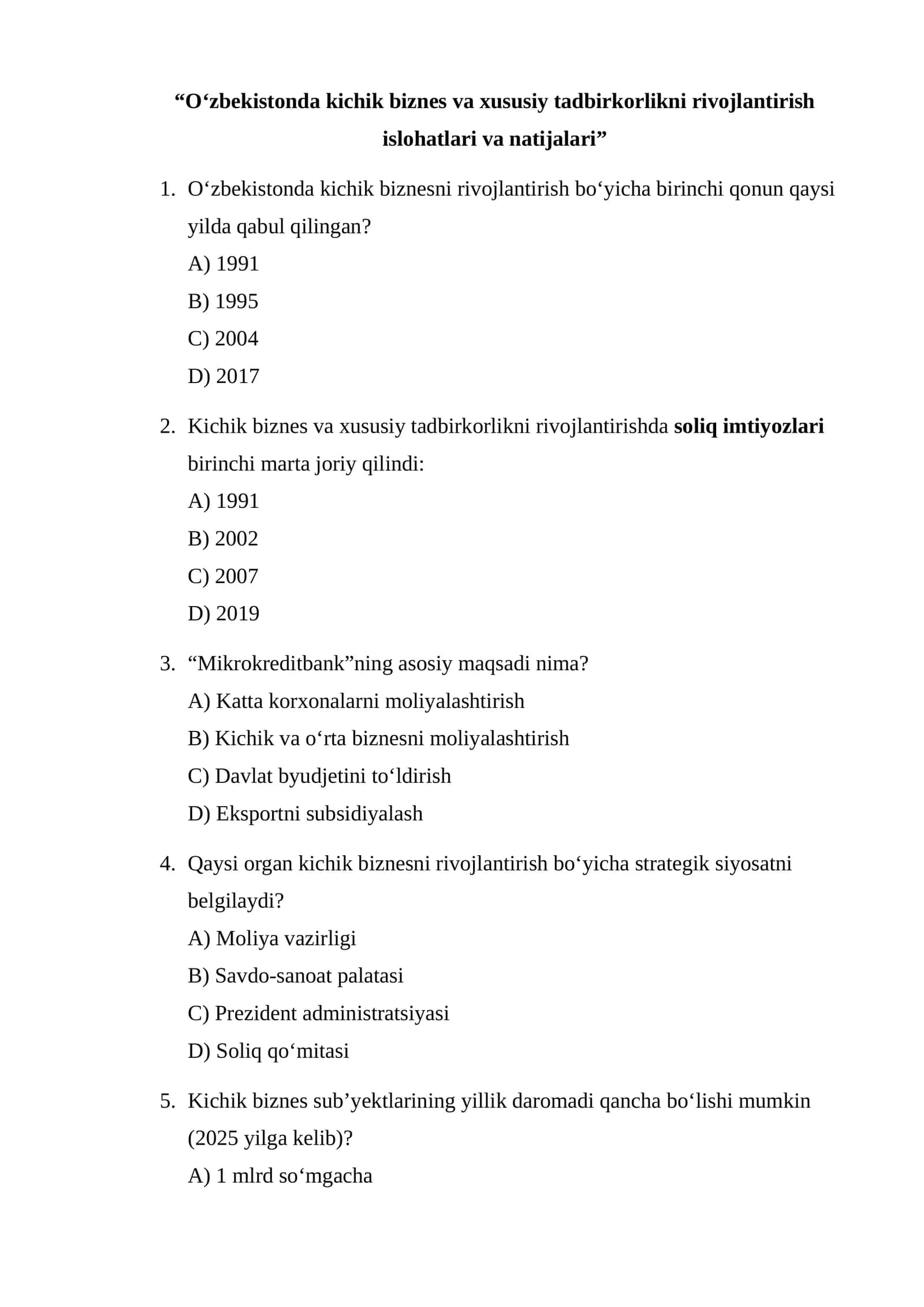 O‘zbekistonda kichik biznes va xususiy tadbirkorlikni rivojlantirish islohatlari va natijalari 1