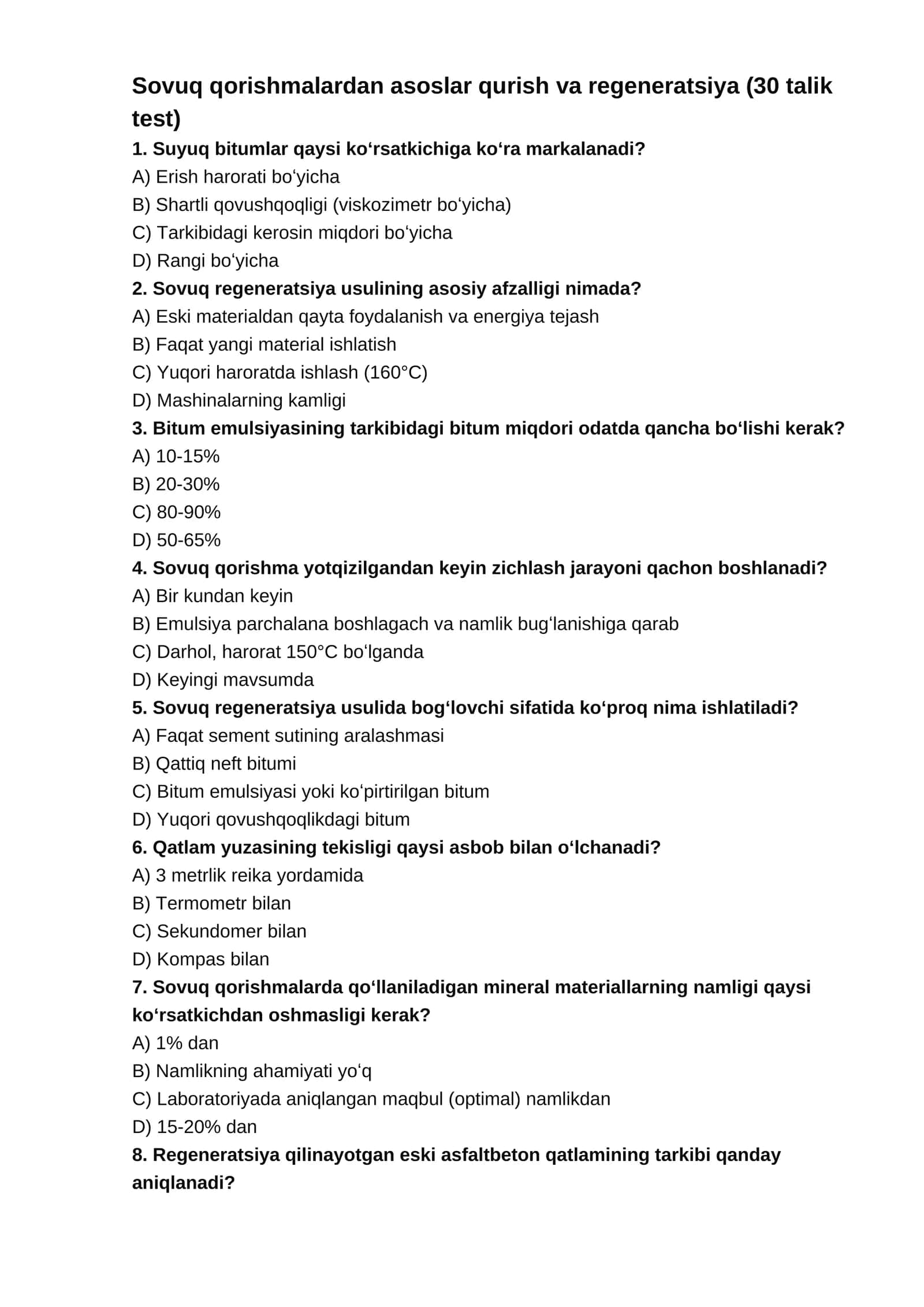 Sovuq qorishmalardan asoslar qurish va regeneratsiya (30 talik test) 1