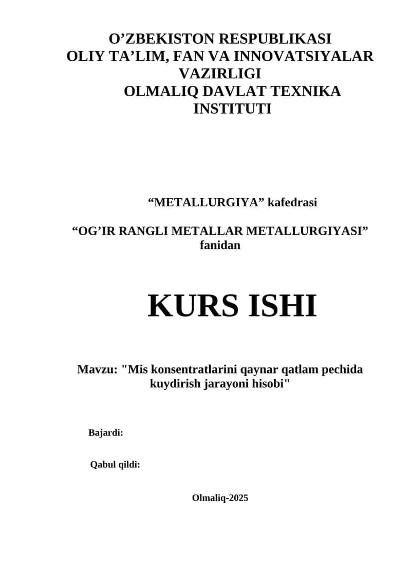 Mis konsentratlarini qaynar qatlam pechida kuydirish jarayoni hisobi 1