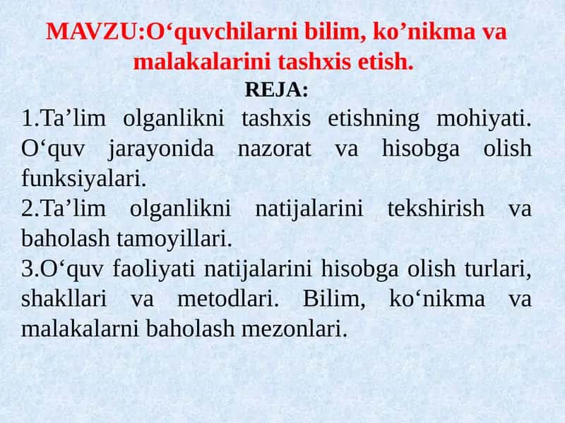 O'quvchilarni bilim, ko'nikmalarini tashxis etish 1