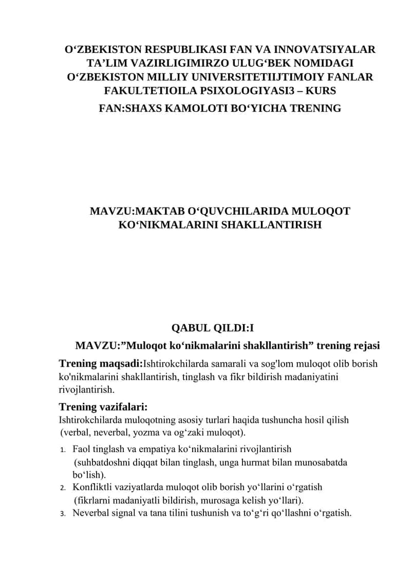 MAKTAB O‘QUVCHILARIDA MULOQOT  KO‘NIKMALARINI SHAKLLANTIRISH 1