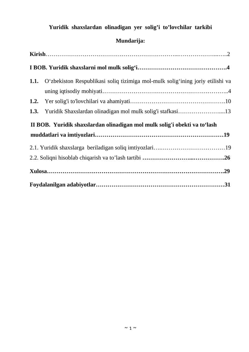 Yuridik shaxslardan olinadigan yer solig’i to’lovchilar tarkibi 1