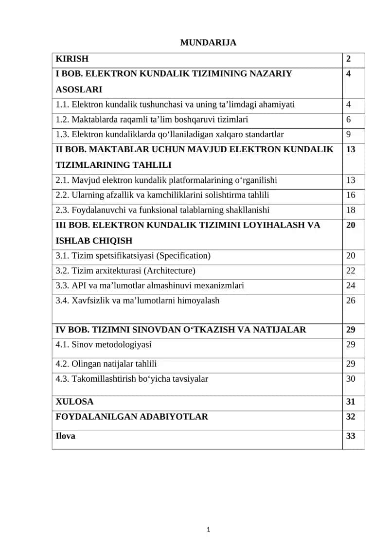 Mavjud Elektron Kundalik Tizimlarining Tahlili 1