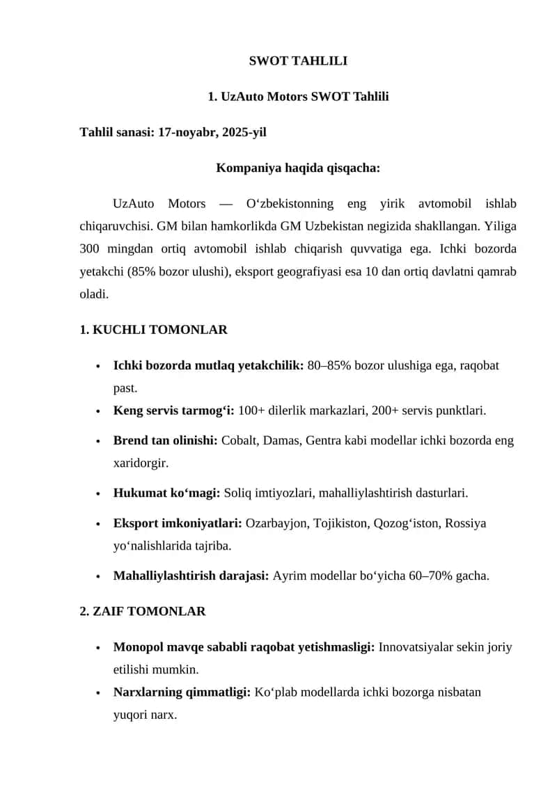 UzAuto Motors SWOT Tahlili 1