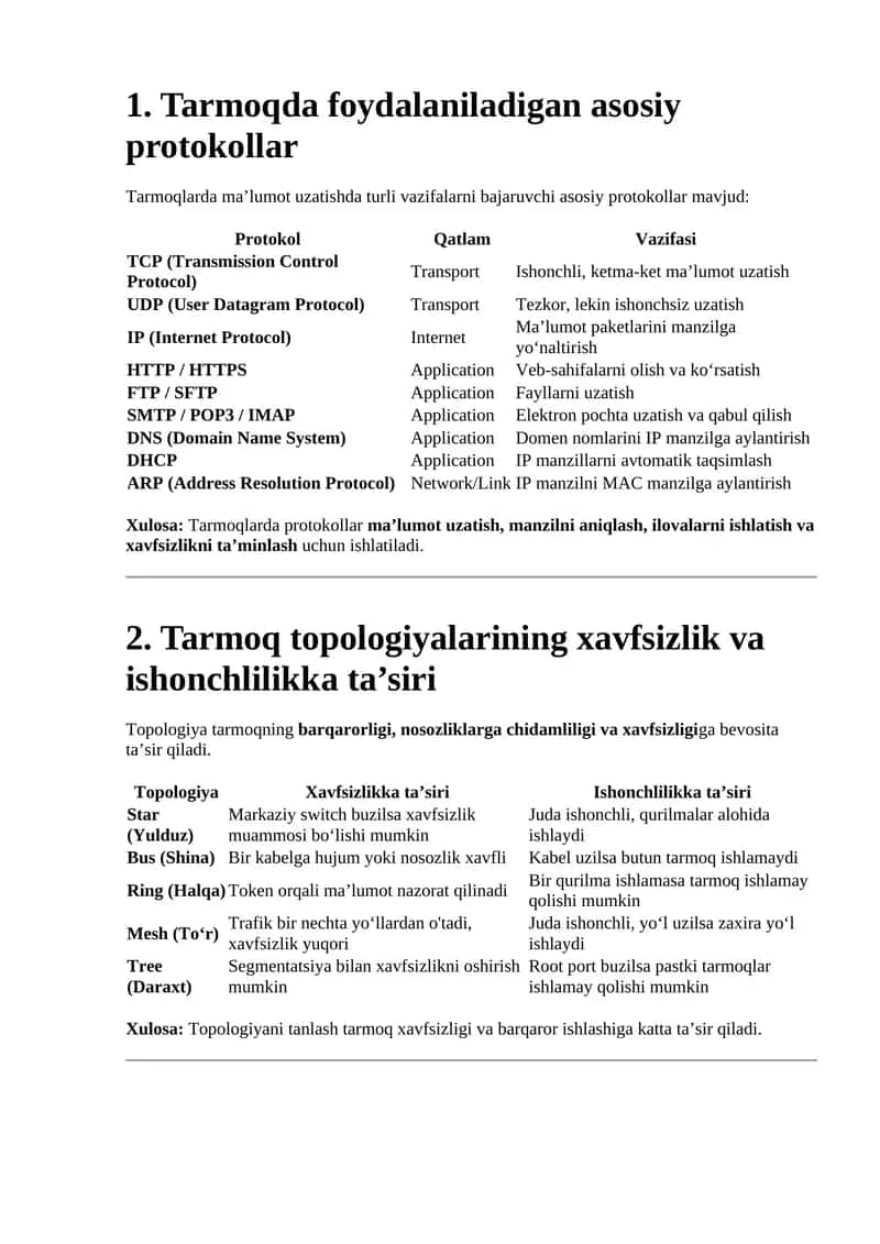 Tarmoqda foydalaniladigan asosiy protokollar 1