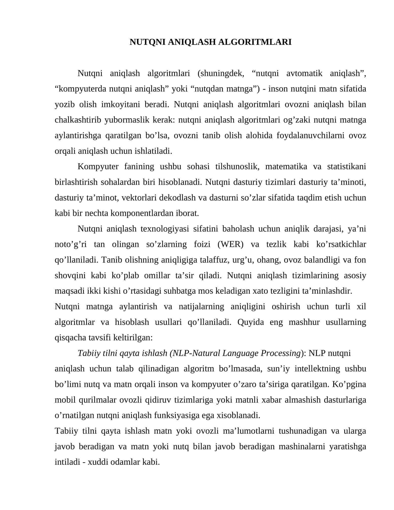 NUTQNI ANIQLASH ALGORITMLARI 1
