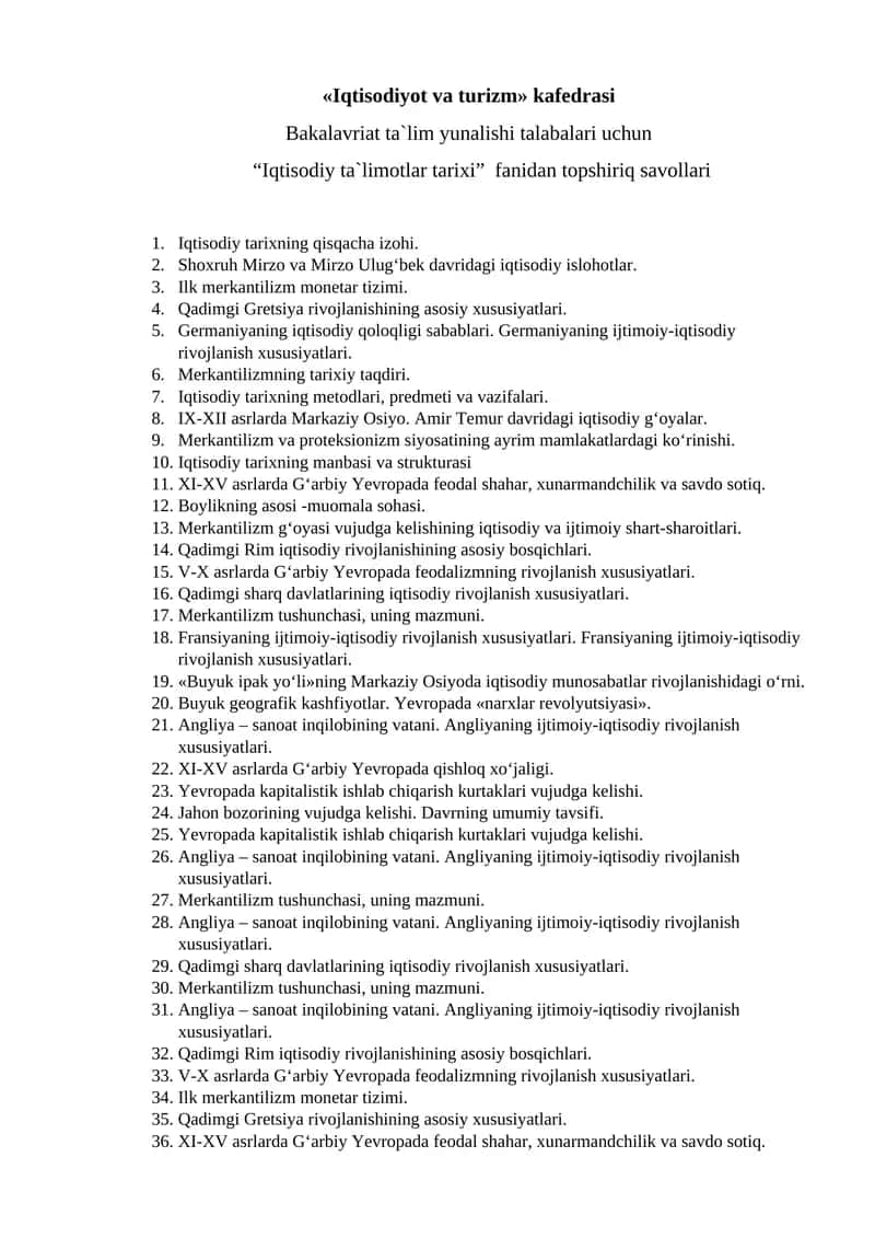 Iqtisodiy ta`limotlar tarixi Savollari 1