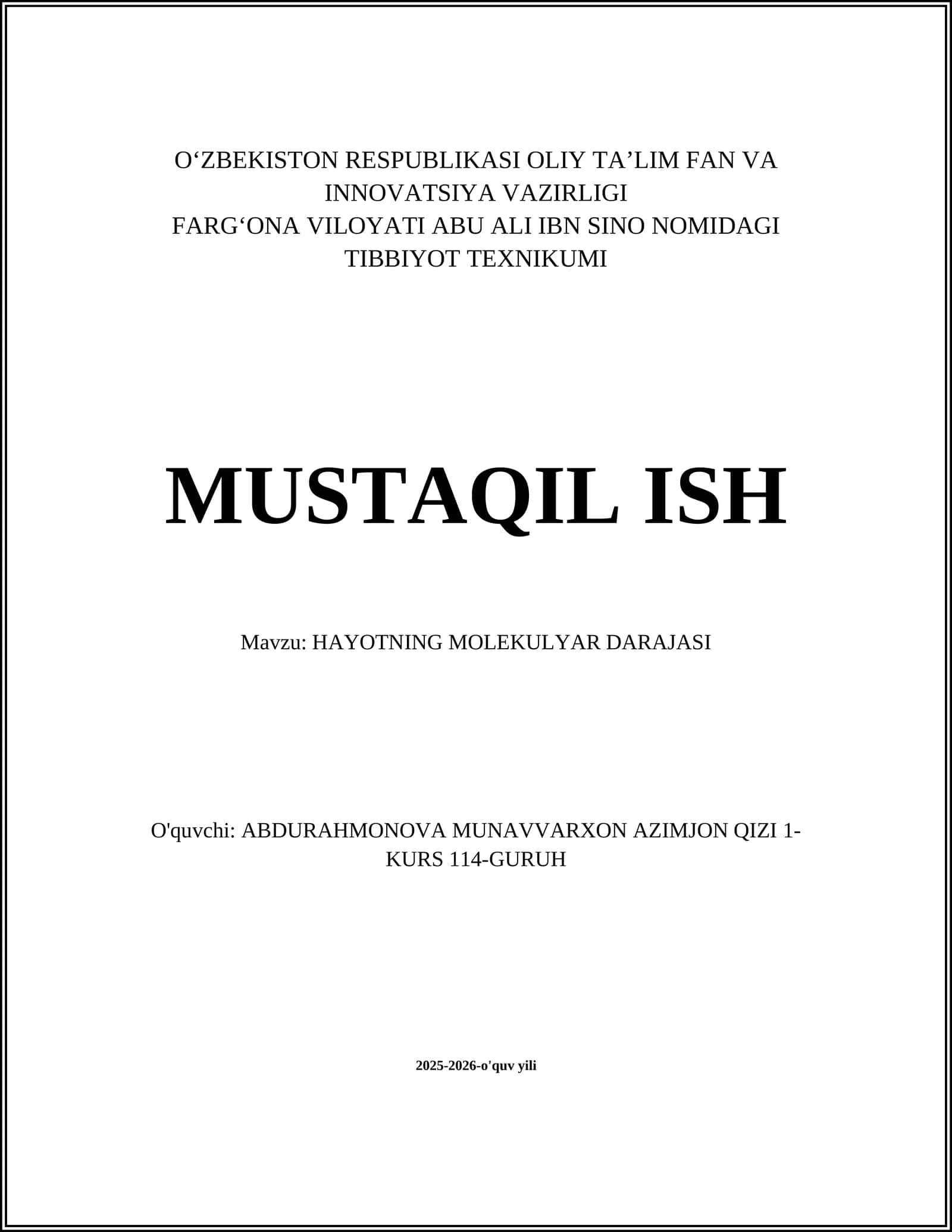 HAYOTNING MOLEKULYAR DARAJASI 1
