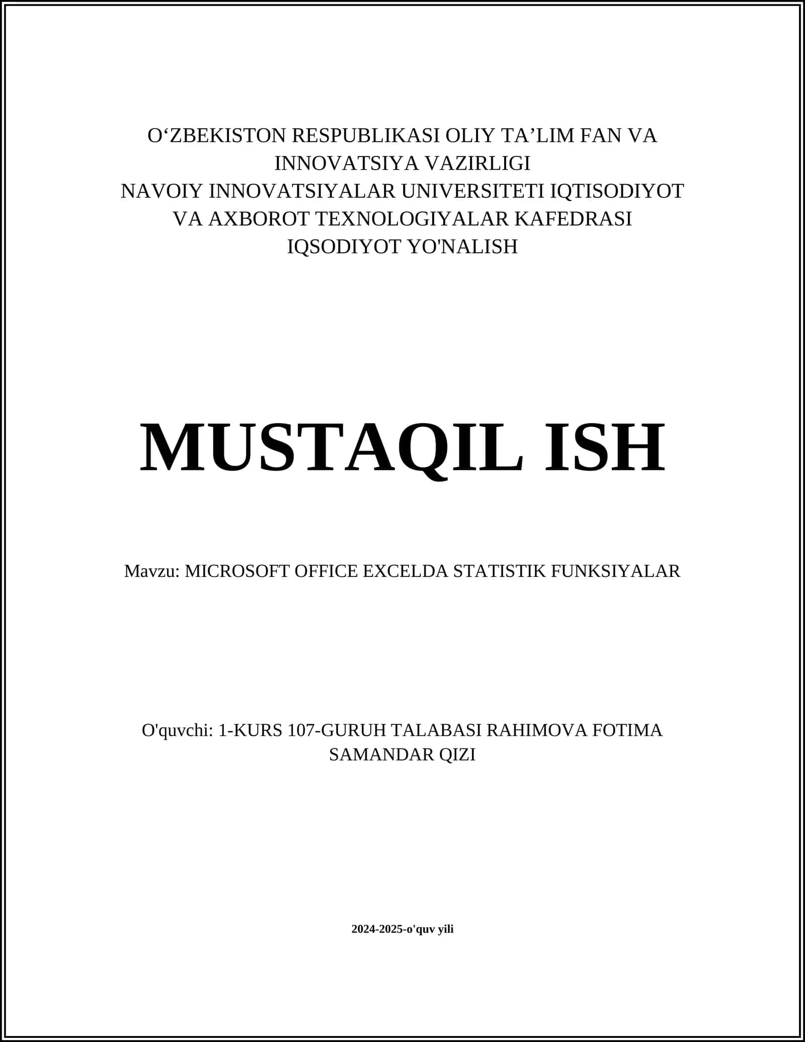 MICROSOFT OFFICE EXCELDA STATISTIK FUNKSIYALAR 1