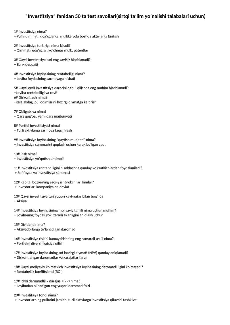 Investitsiya yakuniy javoblari 1