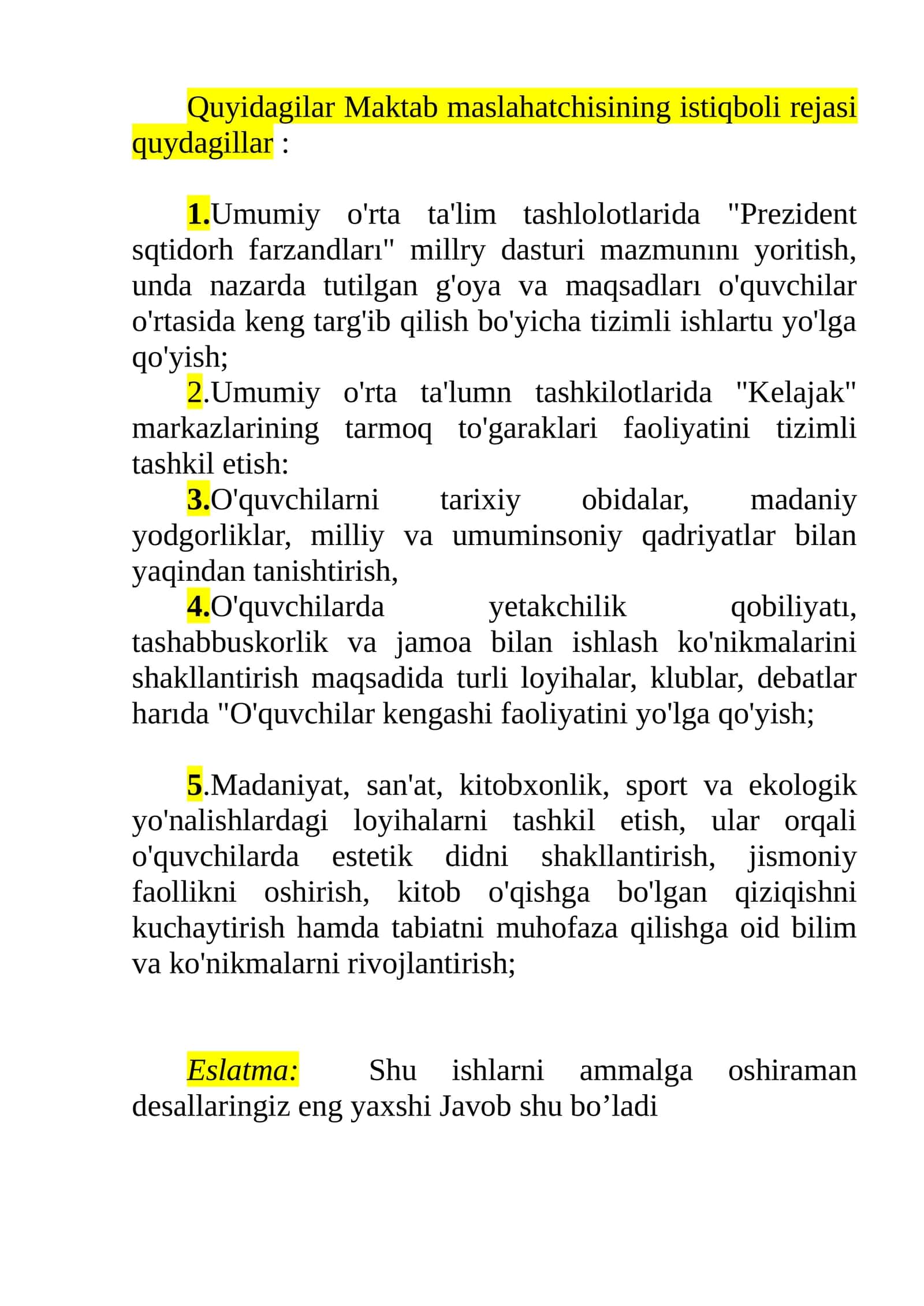 Maktab maslahatchisining istiqboli rejasi 1