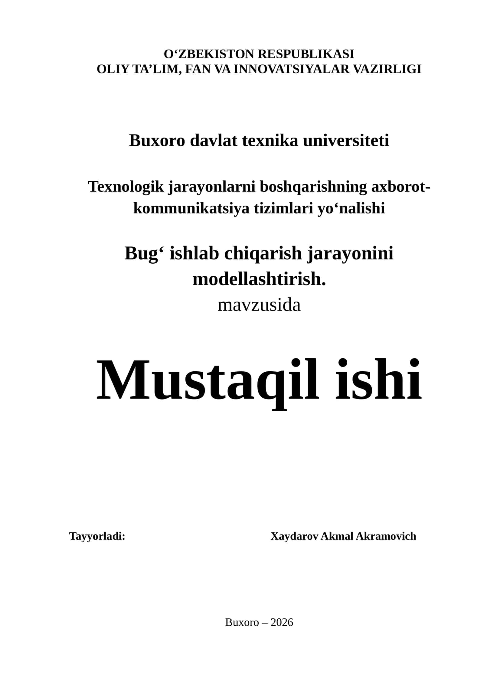Bug‘ ishlab chiqarish jarayonini modellashtirish 1