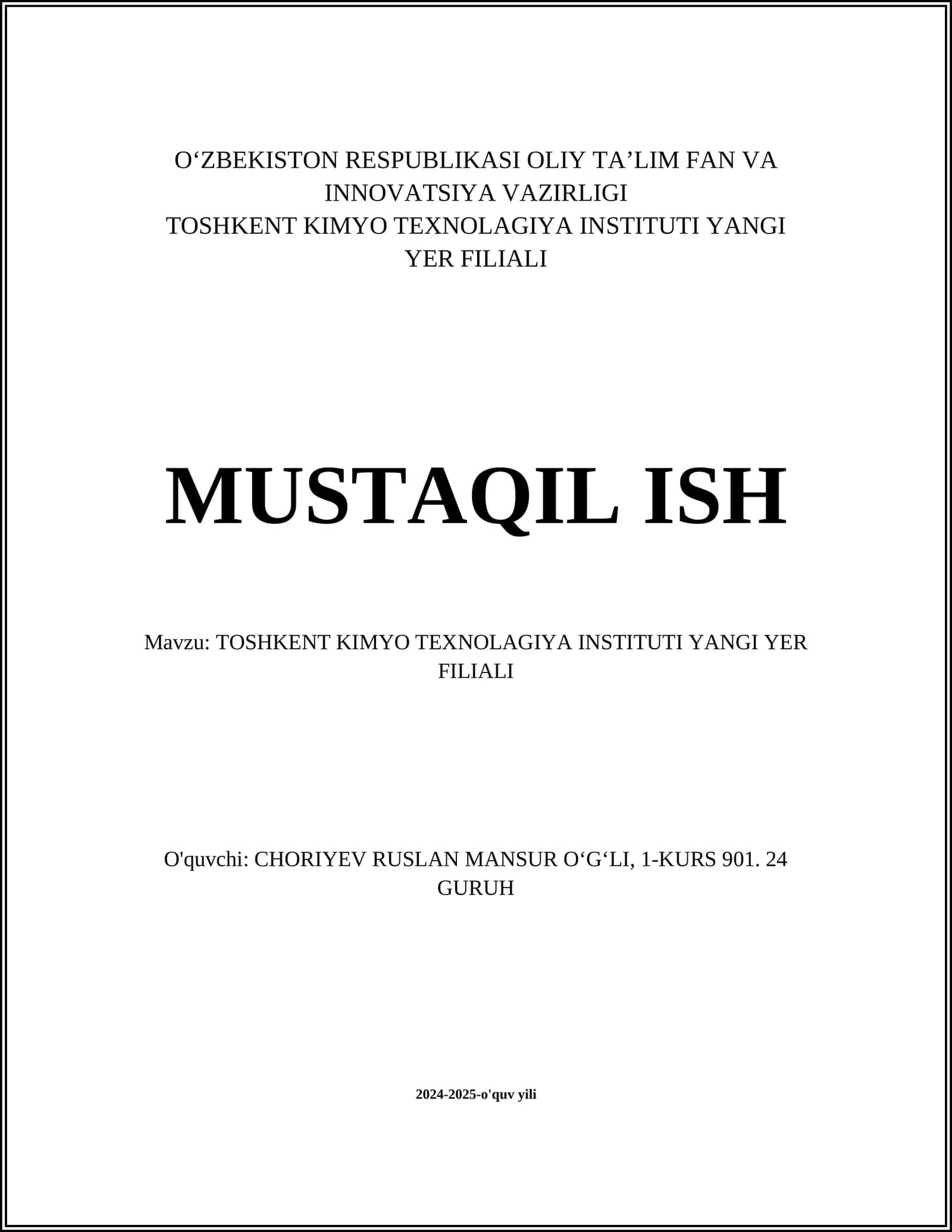 Toshkent Kimyo Texnologiya Instituti Yangi Yer Filiali 1