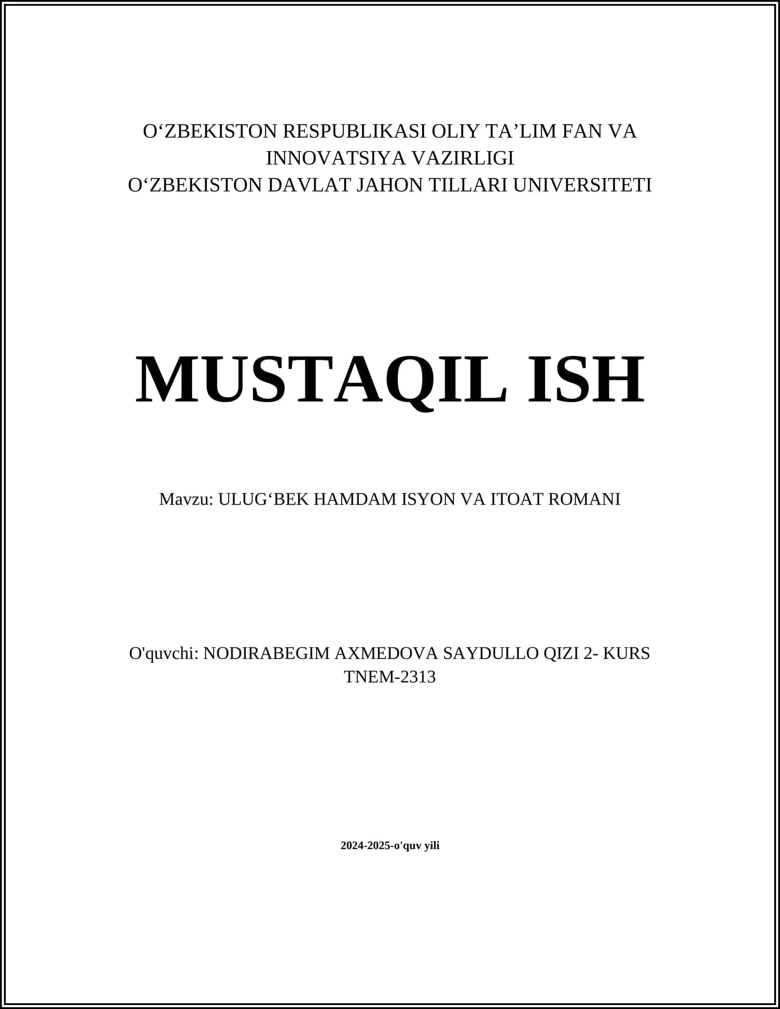 ULUGʻBEK HAMDAM ISYON VA ITOAT ROMANI 1