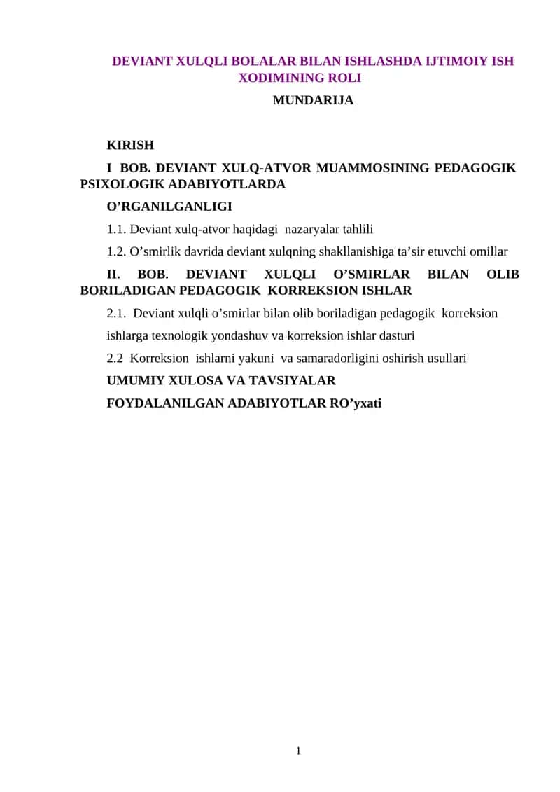 DEVIANT XULQLI BOLALAR BILAN ISHLASHDA IJTIMOIY ISH XODIMINING ROLI 1