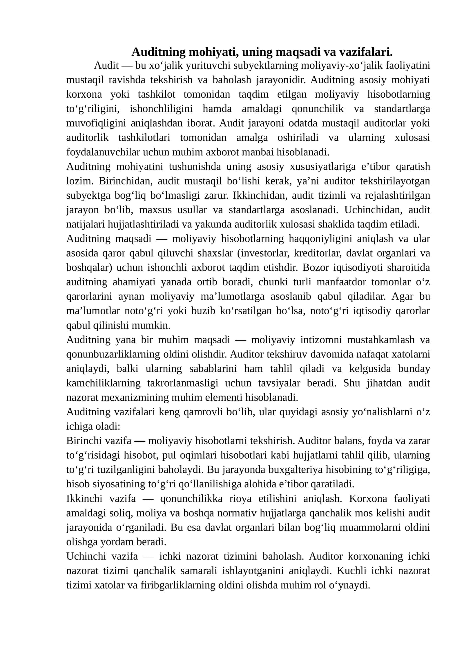 Auditning mohiyati, uning maqsadi va vazifalari 1