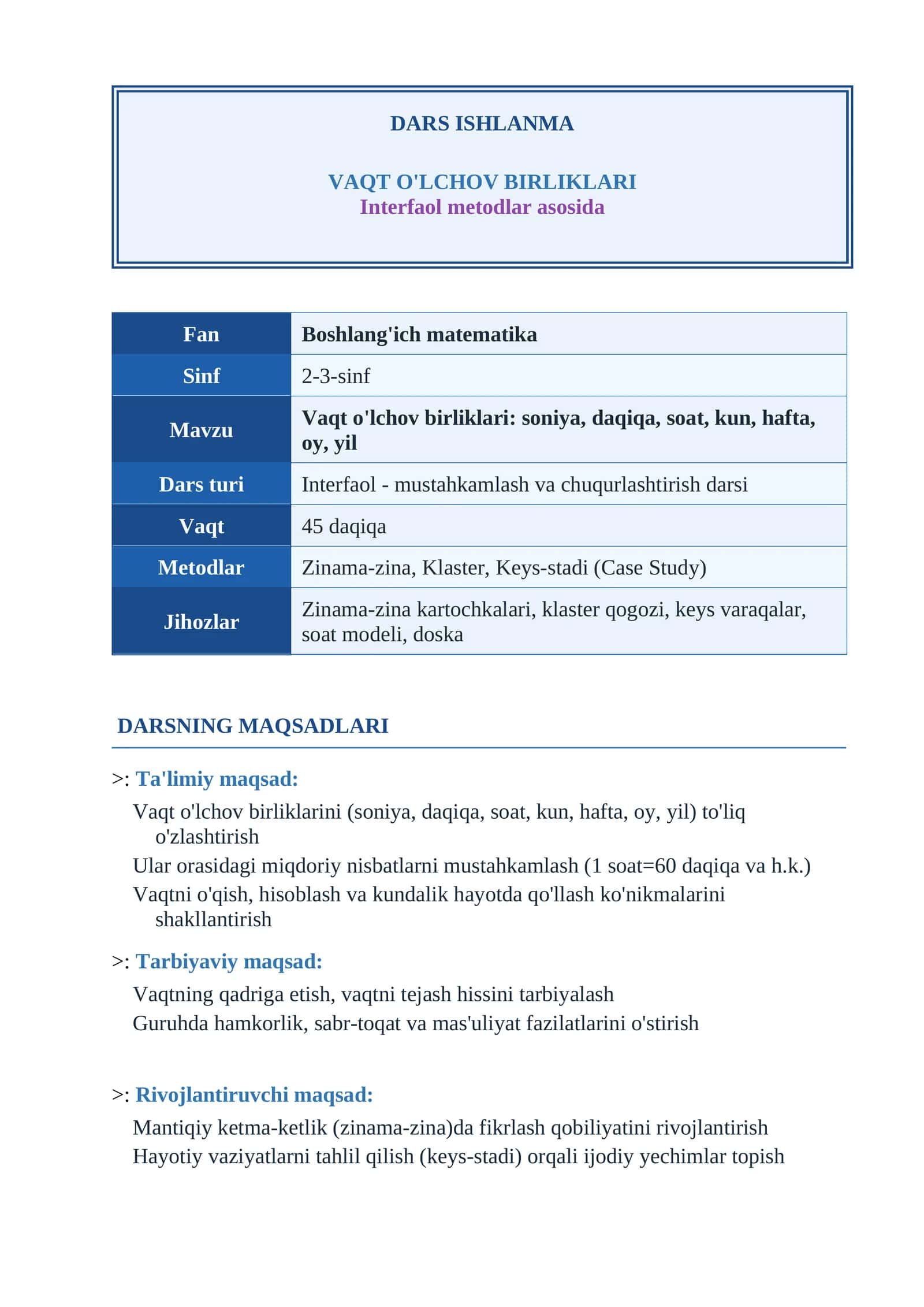 aqt o‘lchov birliklarini o‘rgatishda interfaol metodlardan foydalanish          DARS ISHLANMA       VAQT O'LCHOV BIRLIKLARI  DARS ISHLANMA 1