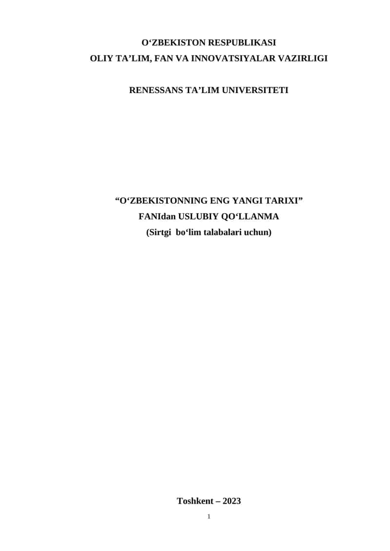 Oʻzbekistonning eng yangi tarixi FanIdan USLUBIY QOʻLLANMA 1