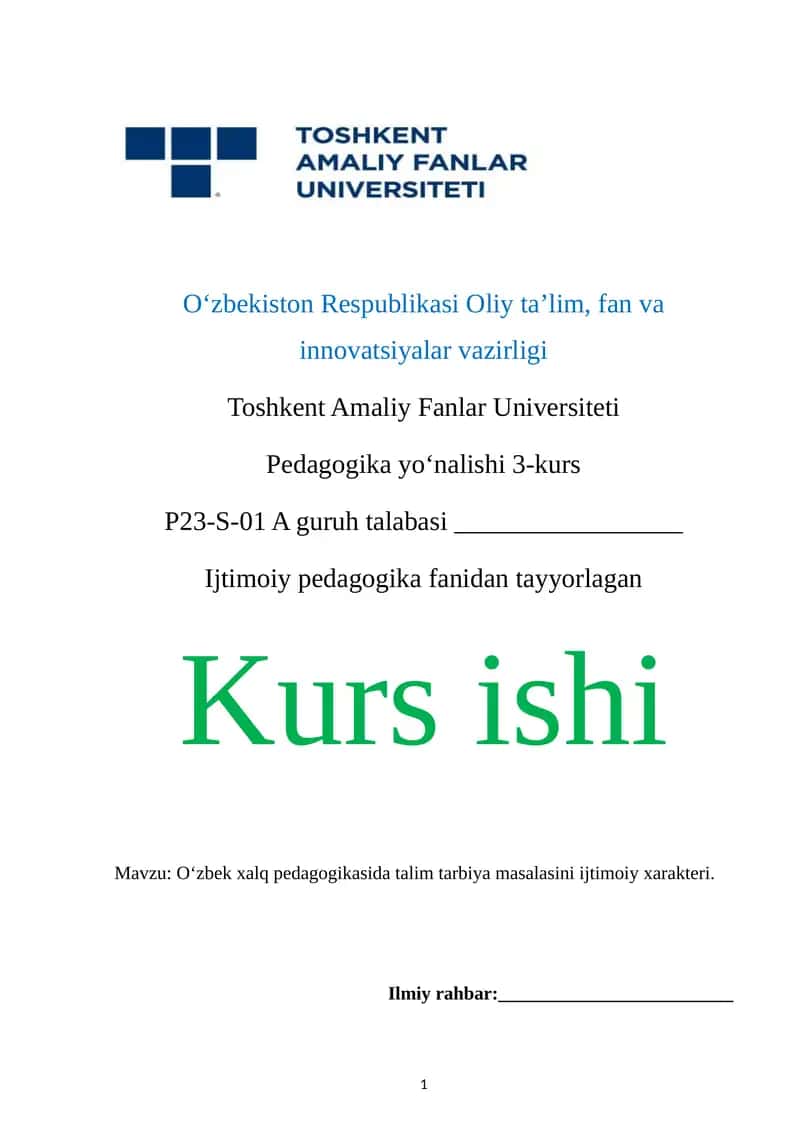Oʻzbek xalq pedagogikasida talim tarbiya masalasini ijtimoiy xarakteri 1