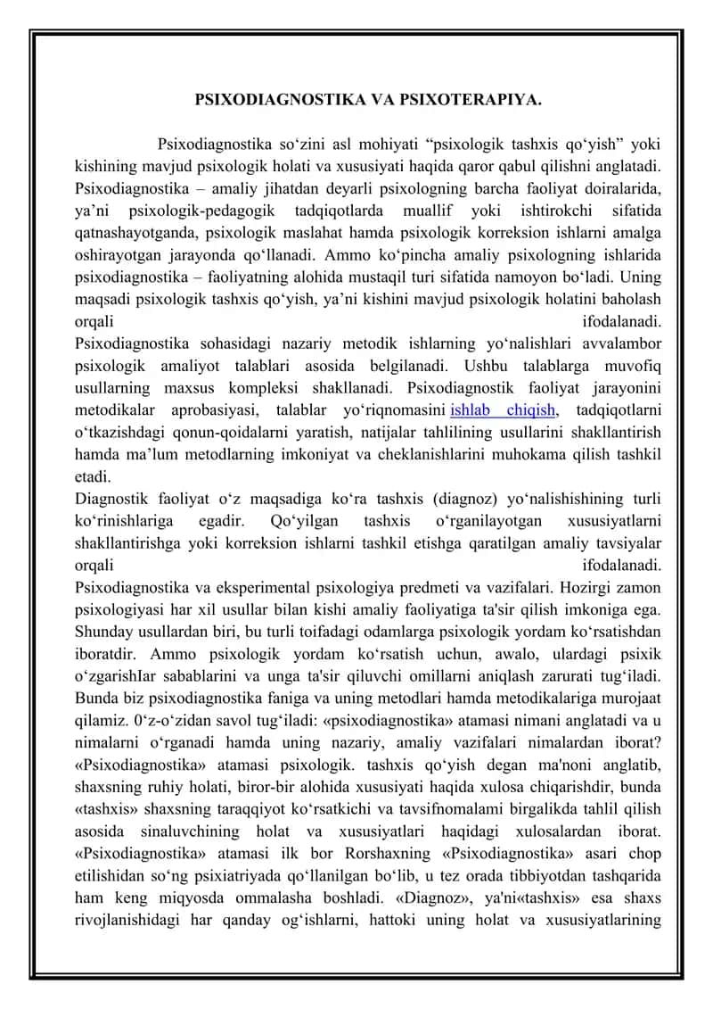 Psixodiagnostika va Psixoterapiya 1