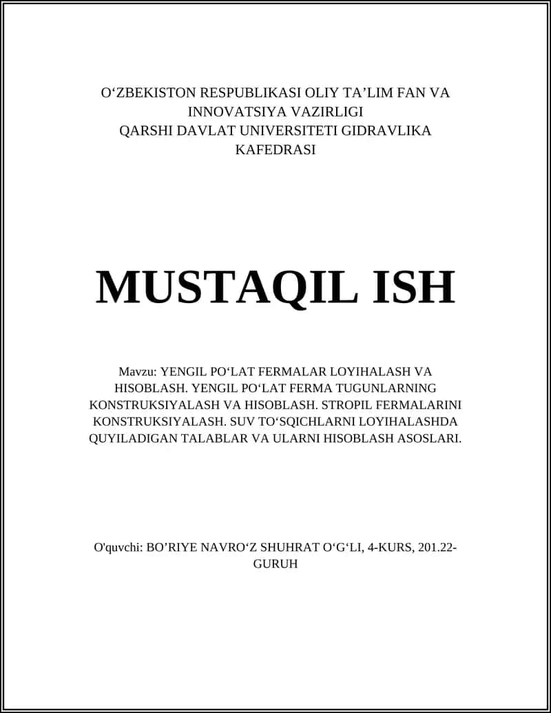 YENGIL POʻLAT FERMALAR LOYIHALASH VA HISOBLASH 1