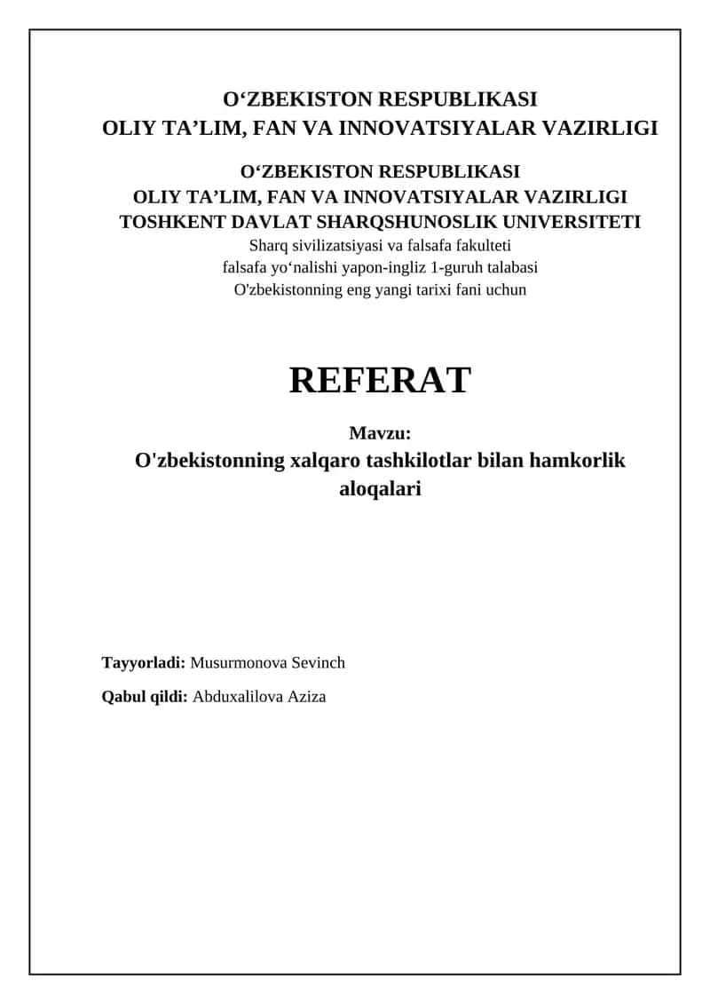 O'zbekistonning xalqaro tashkilotlar bilan hamkorlik aloqalari 1