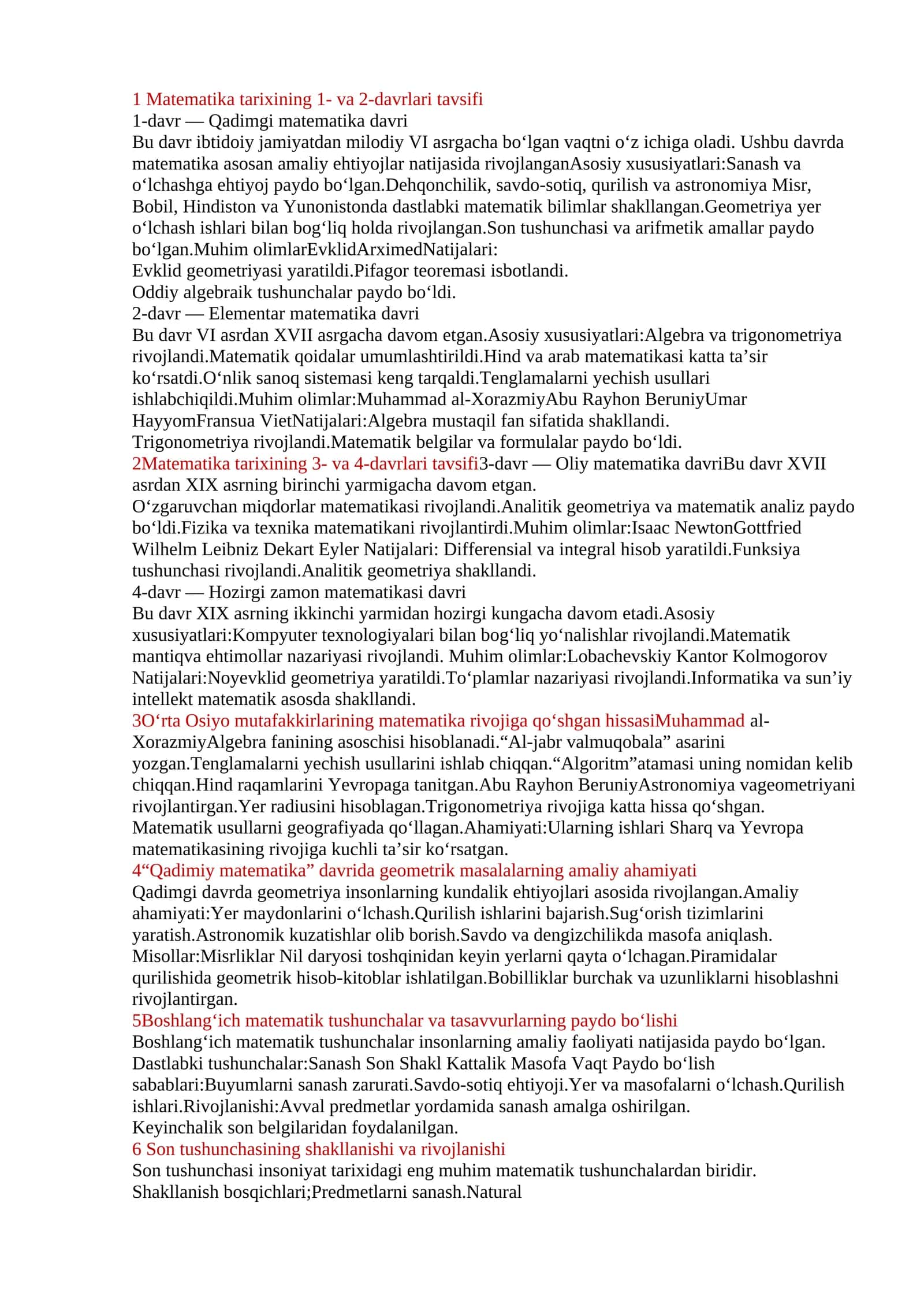 Matematika tarixining 1- va 2-davrlari tavsifi 1