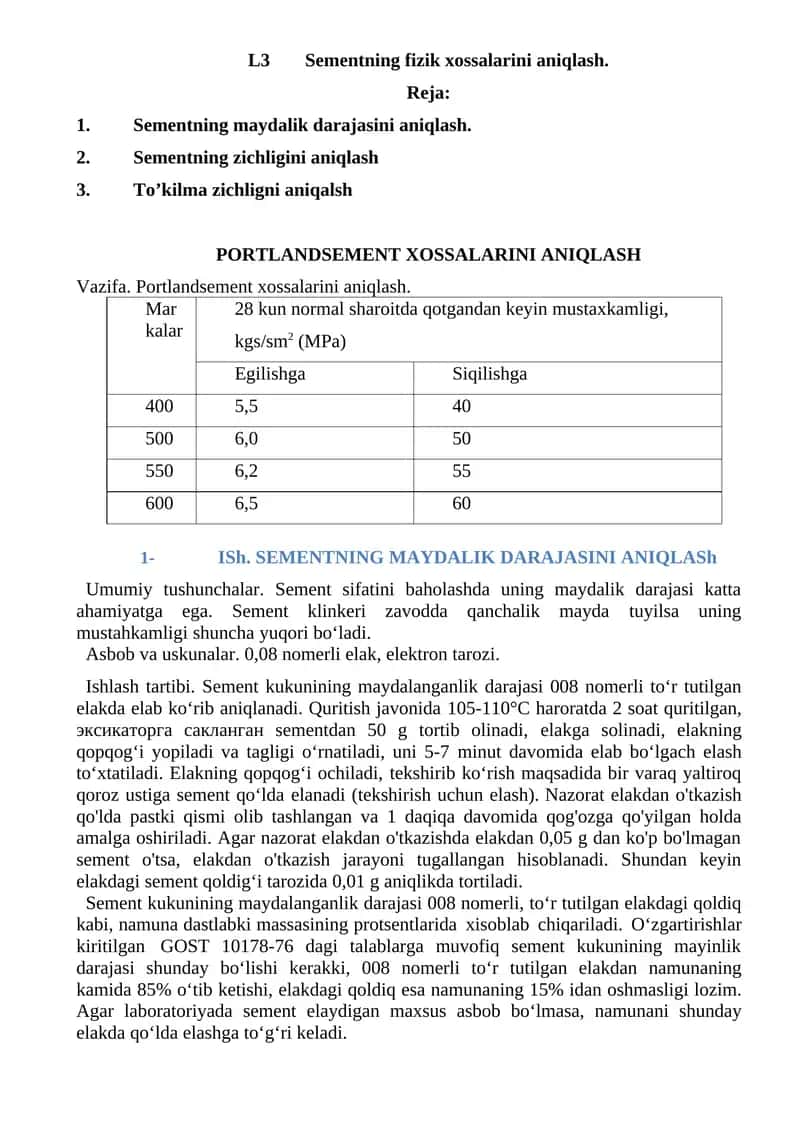 Portlandsement xossalarini aniqlash 1