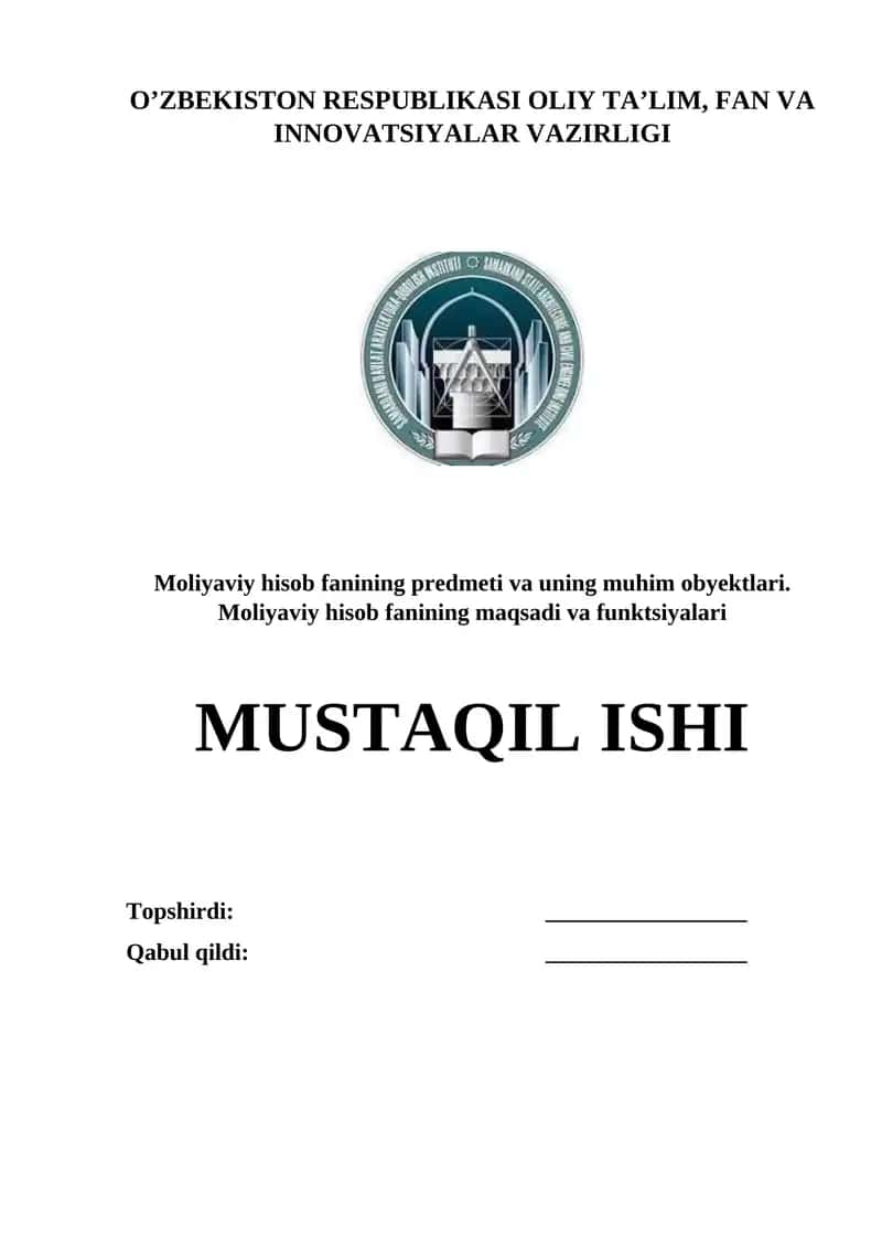 Moliyaviy hisob fanining predmeti va uning muhim obyektlari 1