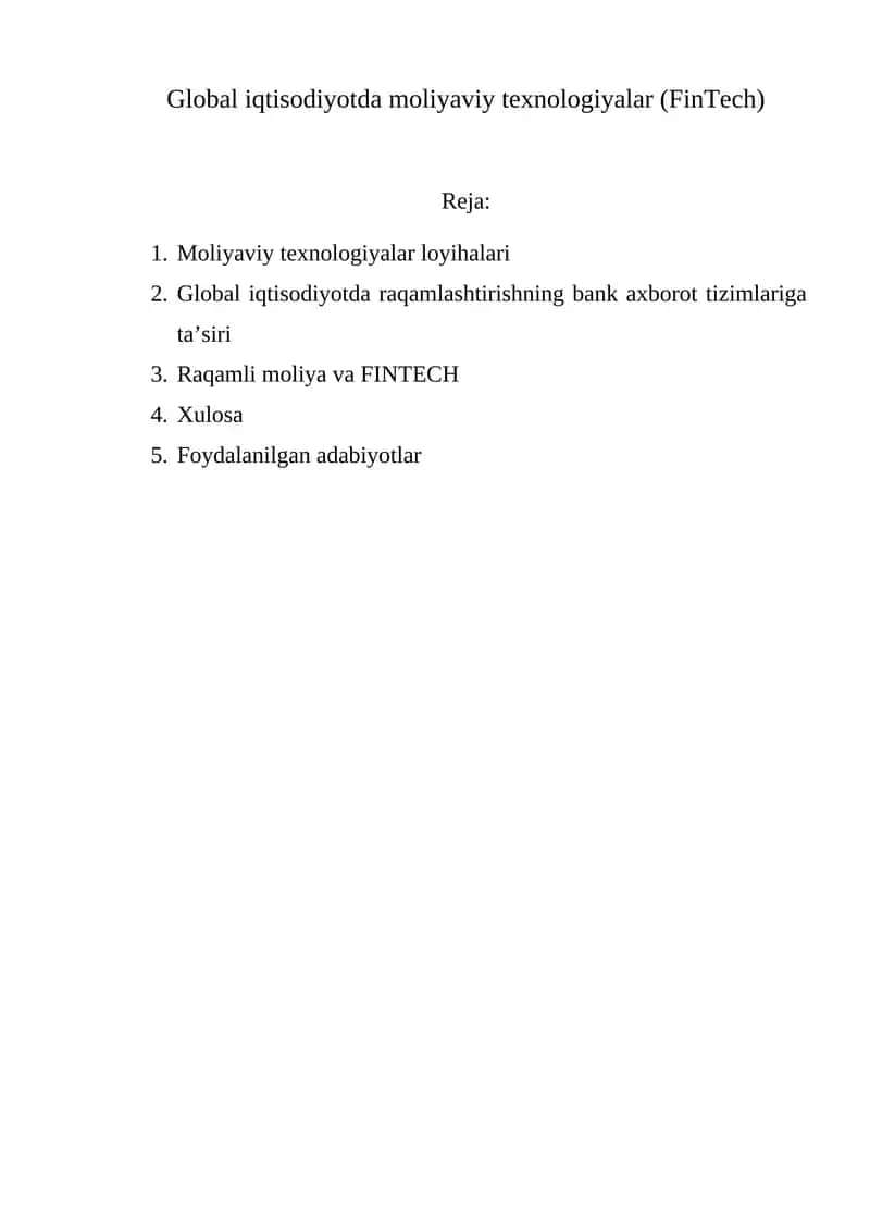 Moliyaviy texnologiyalar (FinTech) loyihalari 1