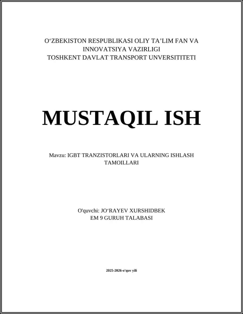 IGBT TRANZISTORLARI VA ULARNING ISHLASH TAMOILLARI 1