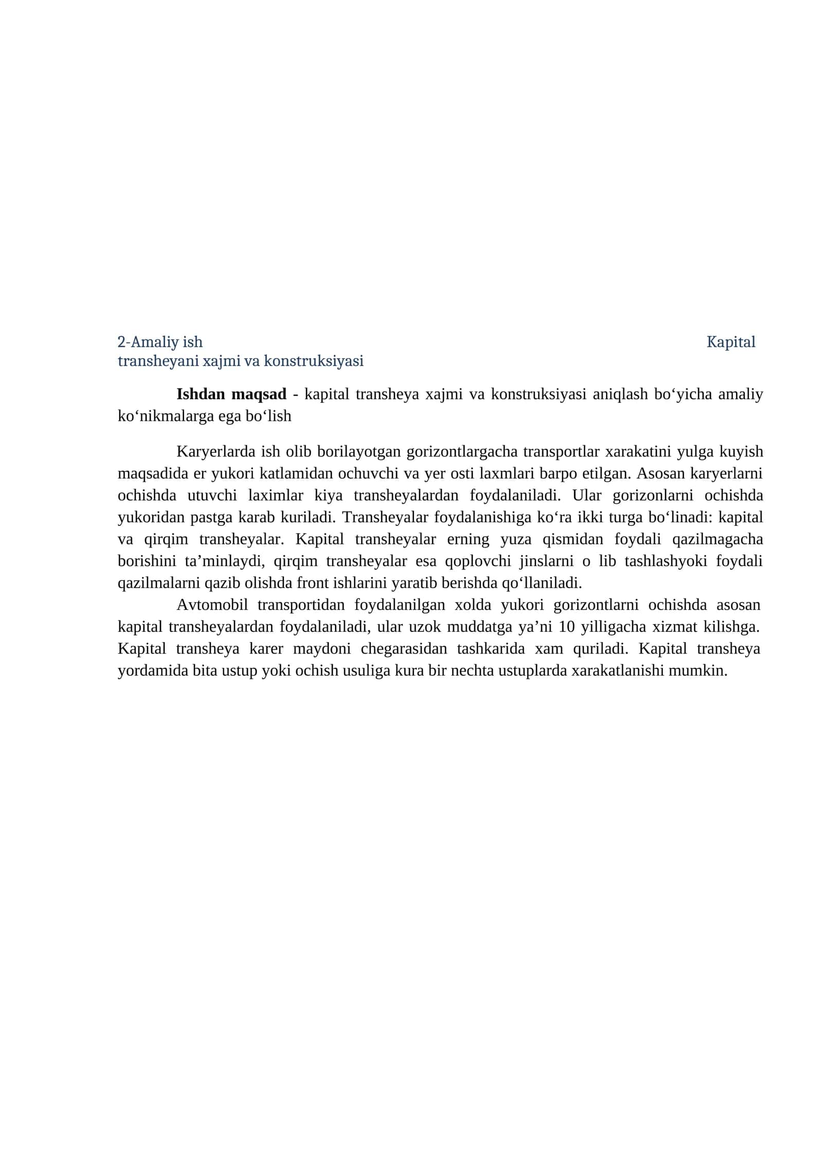 Kapital transheyani xajmi va konstruksiyasi 1